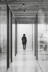 Fototapeta premium An office corridor with steel beams and glass walls on one side A worker walks slowly with headphones in and a backpack on