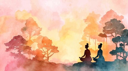 Experience tranquility: Pastel-colored meditation background with a watercolor painting. Women meditate in harmony for International Yoga Day. Ample copy space for postcards and banners."