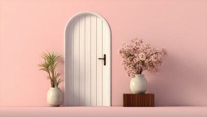 A white arched door stands against a pale pink wall, flanked by potted plants?a leafy green one to the left and pink blossoms in a vase to the right, all on a wooden block