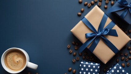 Father's Day Celebration with Gifts Coffee Tie and Blue Background