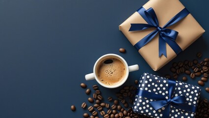 Father's Day Celebration with Gifts Coffee Tie and Blue Background