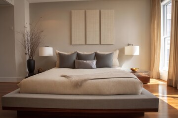 Stylish bedroom with a low-profile bed, soft textiles, and neutral tones on the walls.