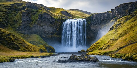 A dramatic waterfall cascading over Icelandâ€™s rugged cliffs, surrounded by mossy terrain