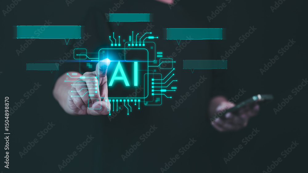Poster Person interacting with a glowing AI interface, highlighting futuristic technology and digital innovation through a touchscreen virtual display. Chat with artificial intelligence on a virtual screen.