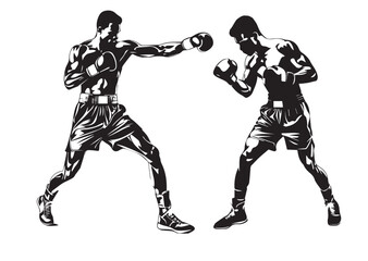 Two Boxers in Fighting Stance - Dynamic Black and White Silhouette Illustration