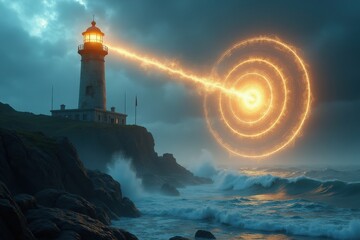 Lighthouse beacon illuminating the ocean: The majestic lighthouse, with its guiding beacon shining into the vast expanse of the ocean, signifies guidance and hope.