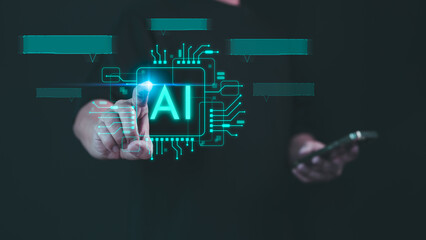 Person interacting with a glowing AI interface, highlighting futuristic technology and digital innovation through a touchscreen virtual display. Chat with artificial intelligence on a virtual screen.