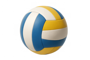 Spinning volleyball with blue and yellow panels, transparent background highlighting athletic equipment design