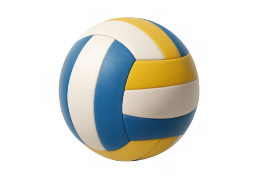 Spinning volleyball with blue and yellow panels, transparent background highlighting athletic equipment design - Powered by Adobe
