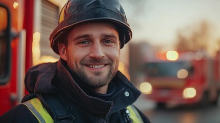 Portrait of a smiling young Caucasian firefighter in protective uniform and helmet with a fire truck in the background, copy space, fire rescue service concept