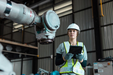 Robotic engineer women automatic mechanic using laptop checking quality system of automation robot...