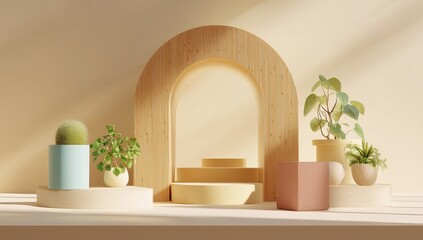 Sunlit minimalist scene with wooden arch, pastel platforms, and potted plants