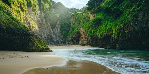 A dreamy escape with a small sandy inlet and lush green cliffs