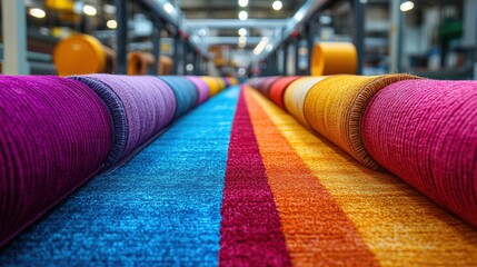 Colorful roll of carpets displayed in a textile factory environment