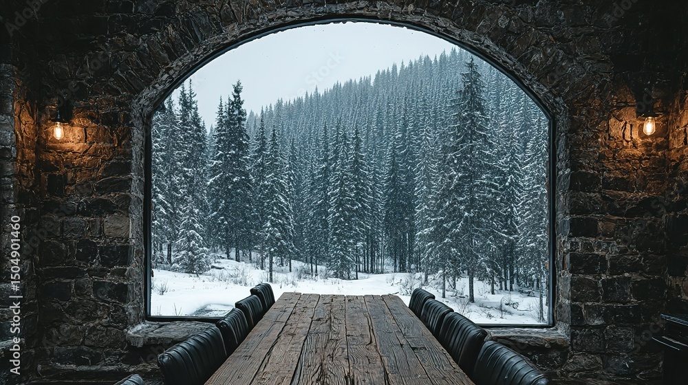 Poster rustic interior with a panoramic view of a snowy forest.