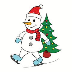A joyful snowman skates on ice, beaming with holiday cheer, holding a decorated Christmas tree as snowflakes dance around in a magical winter scene.
