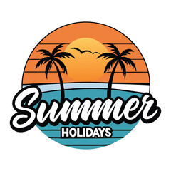 Obraz premium Tropical summer holiday poster with a stunning sunset view, palm trees, and beach vibes—perfect for capturing the warmth, relaxation, and beauty of vacation time. 