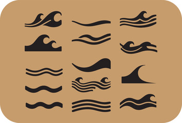 Obraz premium Collection of various wave icons black silhouettes on beige background