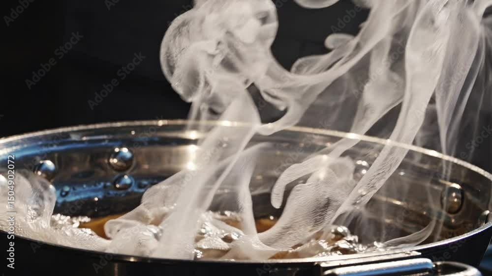 Poster close-up video of steam rising from a hot pan, capturing swirling patterns. shot from a low angle, e