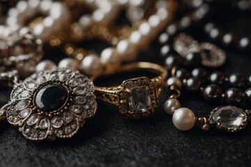 Close-up of antique jewelry; gold ring, pearl necklaces, ornate brooch with dark gemstone, resting on dark surface