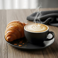 A perfect latte with intricate foam art sits elegantly in a black cup and saucer on a wooden table. Generative AI.