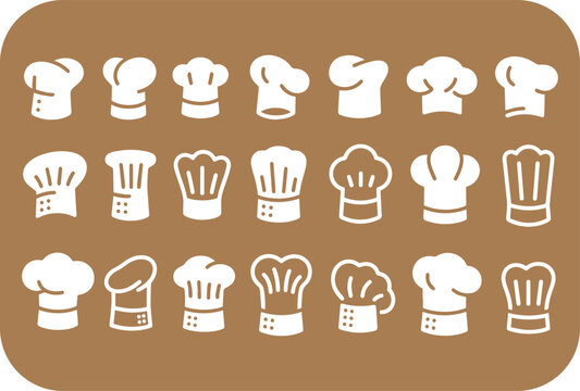 Collection of twenty four diverse white chef hat icons on brown background