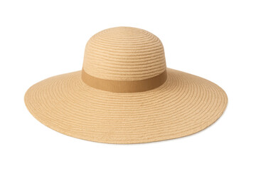 Stylish wide-brimmed straw sunhat providing shade, complementing casual summer attire, positioned against neutral white background