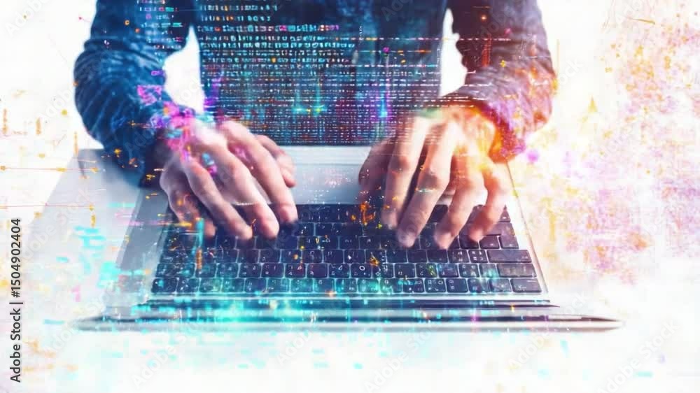 Poster coding at dawn: a programmer's hands hover over a laptop keyboard, illuminated by the soft glow of a