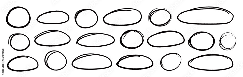 Fototapete line brush pen highlight round oval frame set. hand drawn marker, pen scribble stroke line oval fram