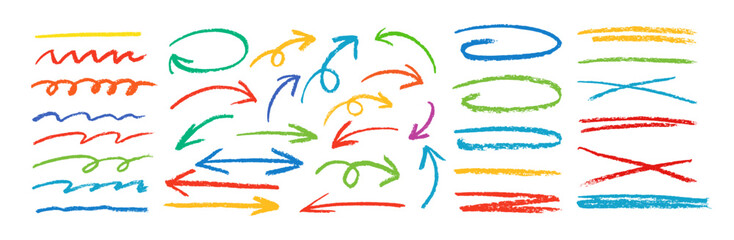 Crayon underline strokes isolated on white background. Colorful crayon arrows. Horizontal set lines made with pencils and brush strokes. Lines crossing out, arrows and underlining.