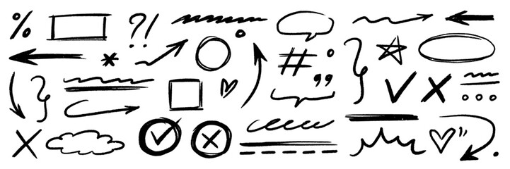 Fototapeta na wymiar Hand drawn line chalk brush stroke arrow icon set. Chalk crayon underline, check mark, scribble and texture in rough hand sketch style. Drawn heart, frame, star design shapes. Vector illustration