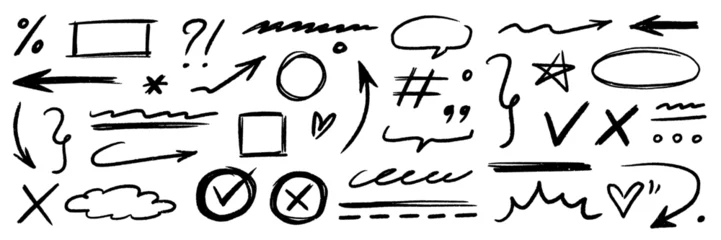 Selbstklebende Fototapeten Hand drawn line chalk brush stroke arrow icon set. Chalk crayon underline, check mark, scribble and texture in rough hand sketch style. Drawn heart, frame, star design shapes. Vector illustration © Polina Tomtosova