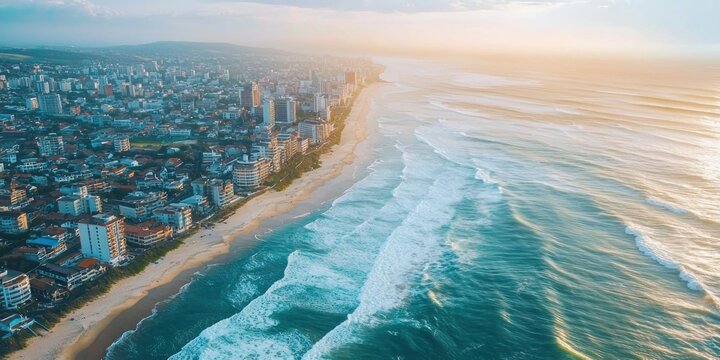 A drone view of a coastal metropolis with waves crashing against the shore - Powered by Adobe