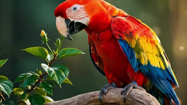 Vibrant scarlet macaw perched on a branch amidst lush tropical foliage and blooming hibiscus flowers in a serene jungle setting - colorful parrots