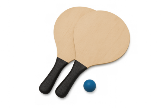 Two wooden beach tennis rackets and a blue ball lying on a transparent background, ready for a game on the sand