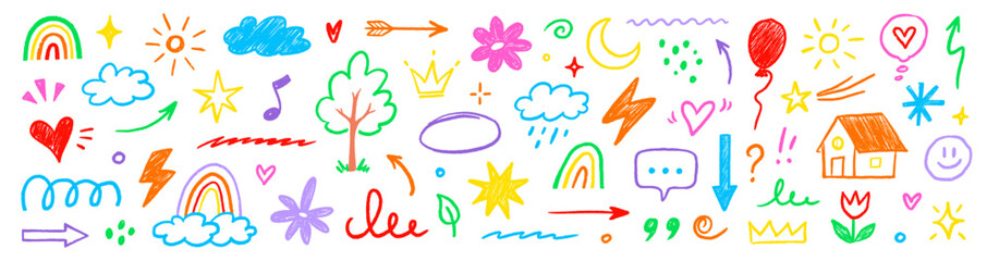 Fototapeta na wymiar Hand drawn crayon child pencil style icon set. Cute rainbow, heart, crown, flower and sun in colorful kid doodle style. Chalk texture, cloud, smile, star and sketch figure for play or school design