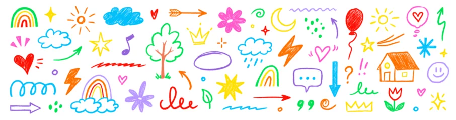 Selbstklebende Fototapeten Hand drawn crayon child pencil style icon set. Cute rainbow, heart, crown, flower and sun in colorful kid doodle style. Chalk texture, cloud, smile, star and sketch figure for play or school design © Polina Tomtosova