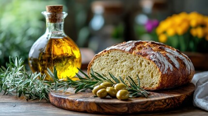 Fresh bread slice with olive oil and herbs