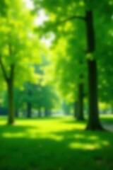 Obraz premium Blurred green park scene, dreamy tree bokeh, soft light, lush, tranquil