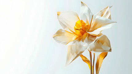 An abstract, stylized yellow flower with a prominent orange center is placed on a light yellow and white background.