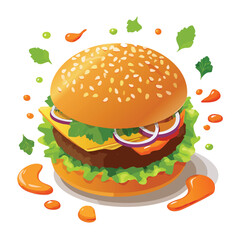 Veggie Burger with Sauce Splash creative isometric illustration with layered dimension and depth cues.