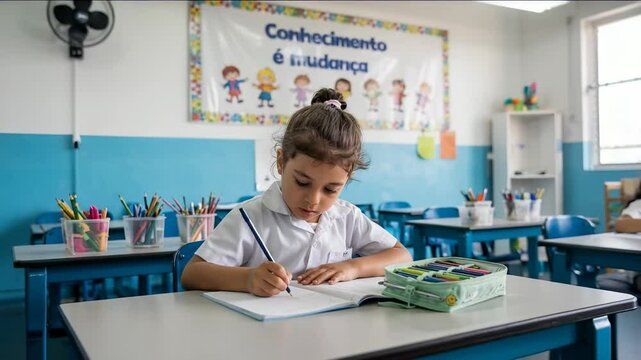 Focused Young Student Writing in Classroom (Aluna Jovem Concentrada Escrevendo em Sala de Aula)