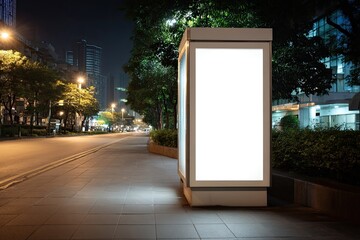 Illuminated blank billboard stands on a city street at night, surrounded by trees and buildings