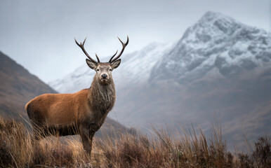 Fototapeta premium Majestic red deer stag stands proudly in Scottish Highlands, surrounded by rugged mountains and misty atmosphere. scene captures wild beauty and serene majesty of nature