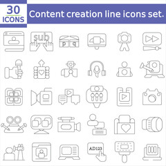  Content creation line icons set. Related social media, video editing, photography, graphic design, writing, podcasting, and more vector illustration.