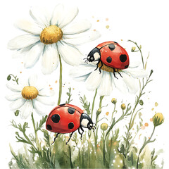 Whimsical watercolor isolated on white, pair of ladybugs playing among blooming chamomile flowers, tiny green leaves and curled stems, soft whimsical fee Playful Meadow Ladybugs Botanical Harmony 