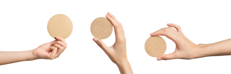 Collection of hand holding circle sign brown paper on png background, empty space for text on ads.