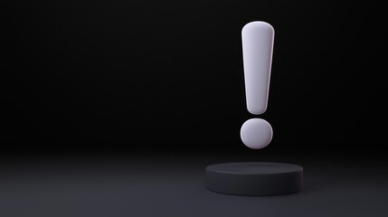 A 3D white exclamation mark hovers above a black circular platform against a dark background.