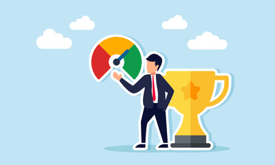 Businessman beside trophy showing performance level indicator illustrating excellent business team performance as a leading company