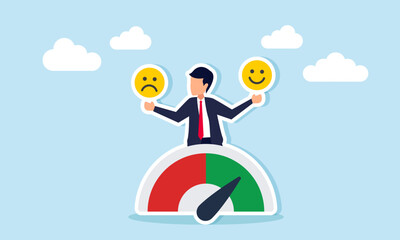 Businessman emerging from performance level indicator holding happy and sad emoticons illustrating confusion in determining business product review results